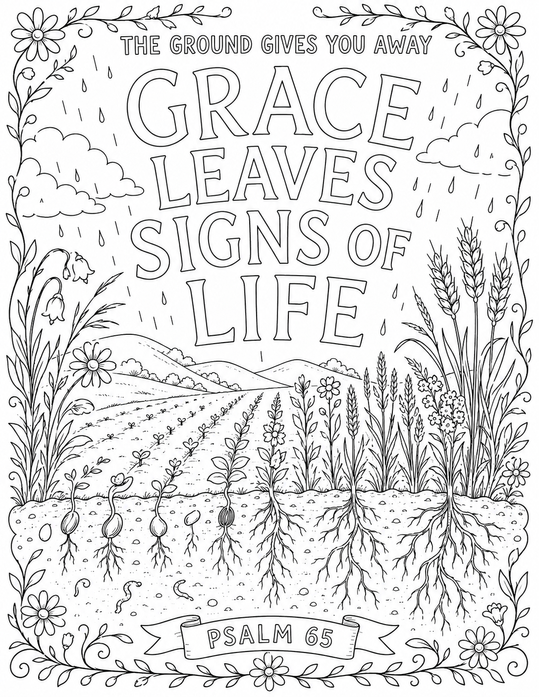 Black-and-white coloring page for "The Ground Gives You Away": hand-lettered words "GRACE LEAVES SIGNS OF LIFE" above rain clouds over ploughed furrows with seeds sprouting into wheat and wildflowers, with a Psalm 65 banner.