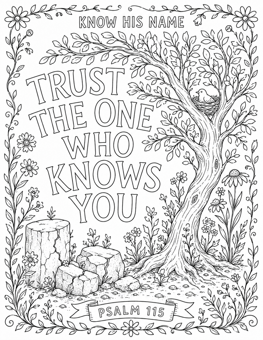 Black-and-white coloring page for "Know His Name": hand-lettered words "TRUST THE ONE WHO KNOWS YOU" above a spreading tree with a bird's nest above carved stones, framed by leaves and daisies, with a Psalm 115 banner.
