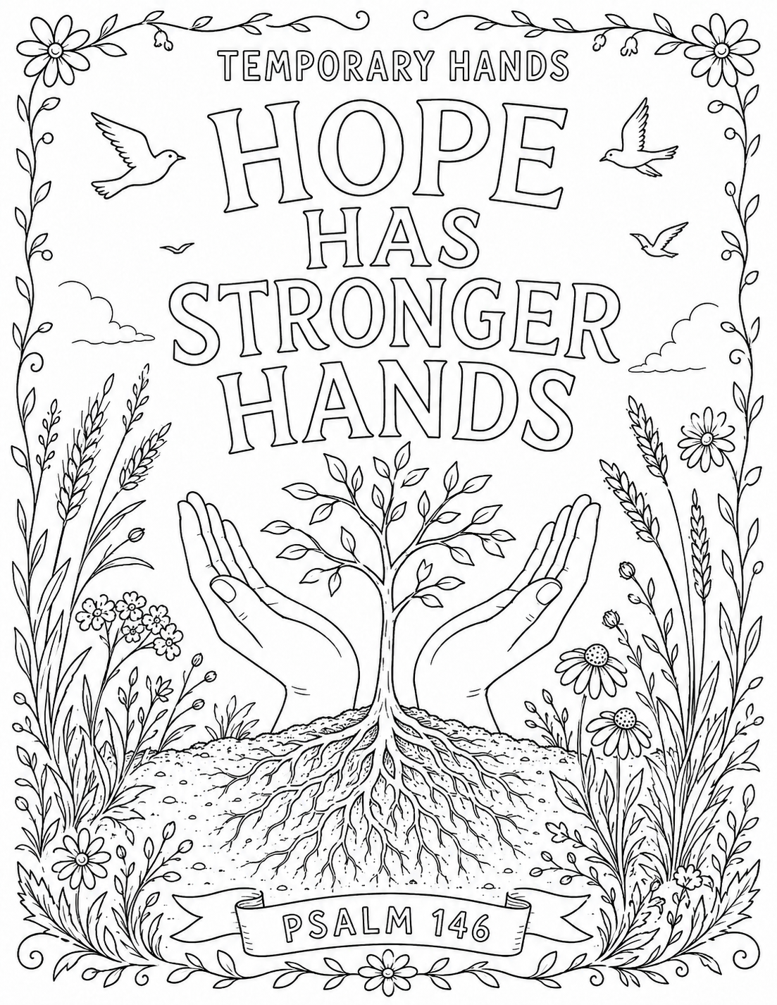 Black-and-white coloring page for "Temporary Hands": hand-lettered words "HOPE HAS STRONGER HANDS" above two open hands sheltering a young rooted sapling, with doves and a flower border, with a Psalm 146 banner.