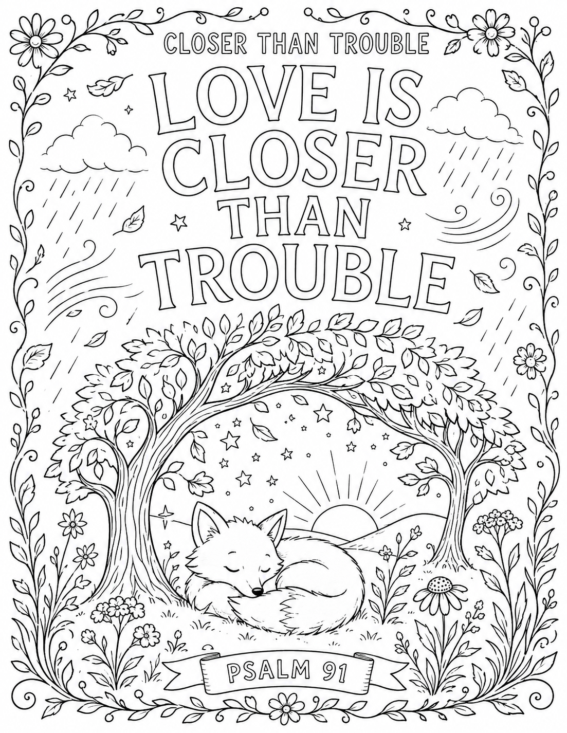 Black-and-white coloring page for "Closer Than Trouble": hand-lettered words "LOVE IS CLOSER THAN TROUBLE" above a fox curled asleep and safe between two sheltering trees as rain falls and the sun rises, with a Psalm 91 banner.