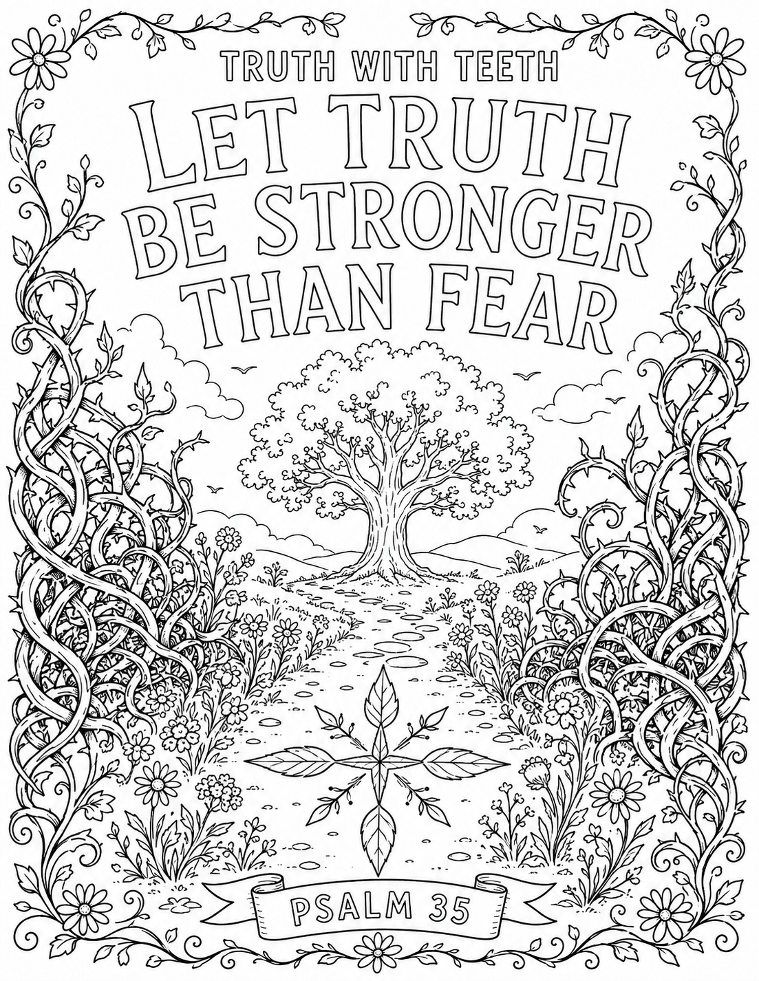 Black-and-white coloring page for "Truth with Teeth": hand-lettered words "LET TRUTH BE STRONGER THAN FEAR" above a clear path through thorn thickets toward a strong tree, with a leaf compass on the way, with a Psalm 35 banner.